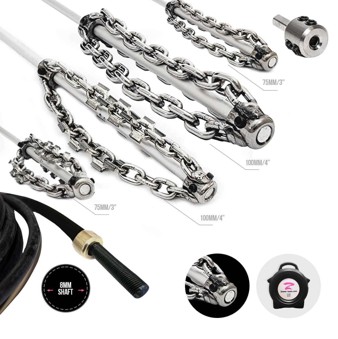 3-4"Blockage removal kit for Cast Iron, Clay & PVC - No Drill Head with Carrier - 8mm shaft