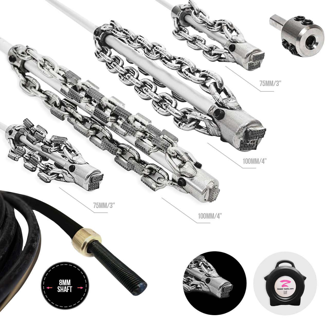 3-4"Blockage removal kit for Cast Iron, Clay & PVC - with Drill Head & Carrier - 8mm shaft